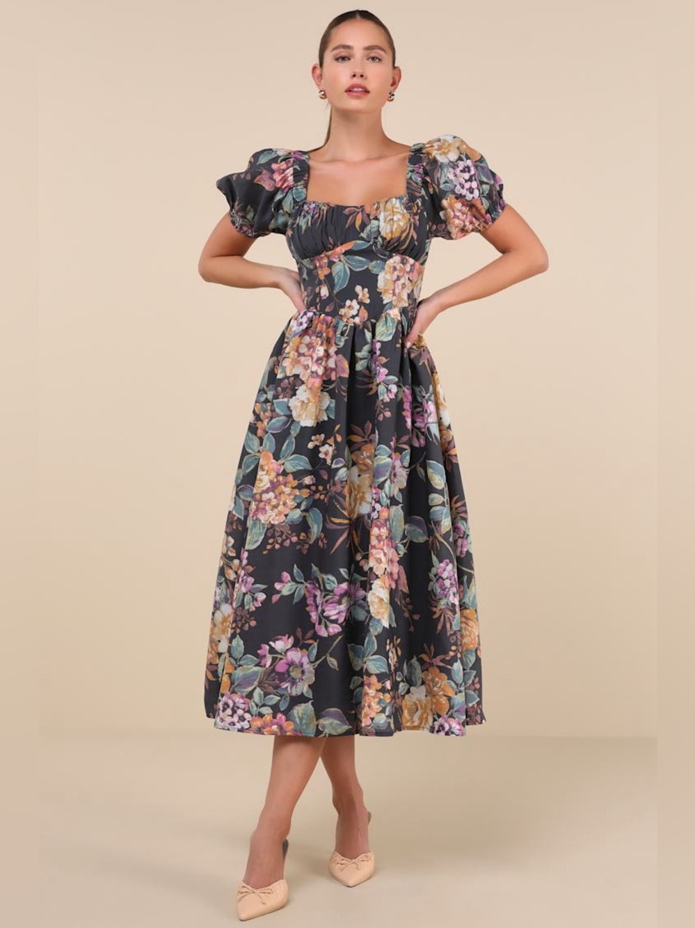 LULUS Adorable Tendencies Dark Grey Floral Puff Sleeve Midi Dress READ